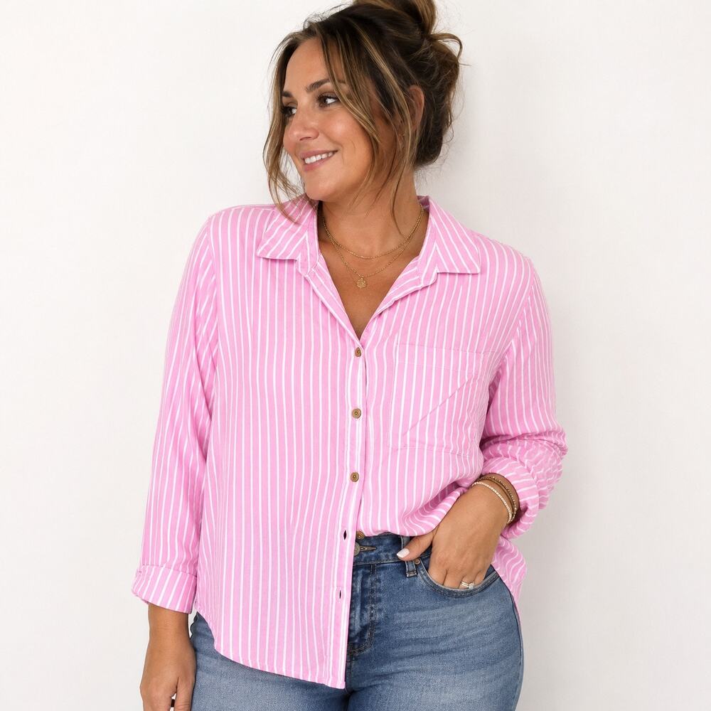 BeachLunchLounge Pink & White Striped Button Front Shirt Sz M
